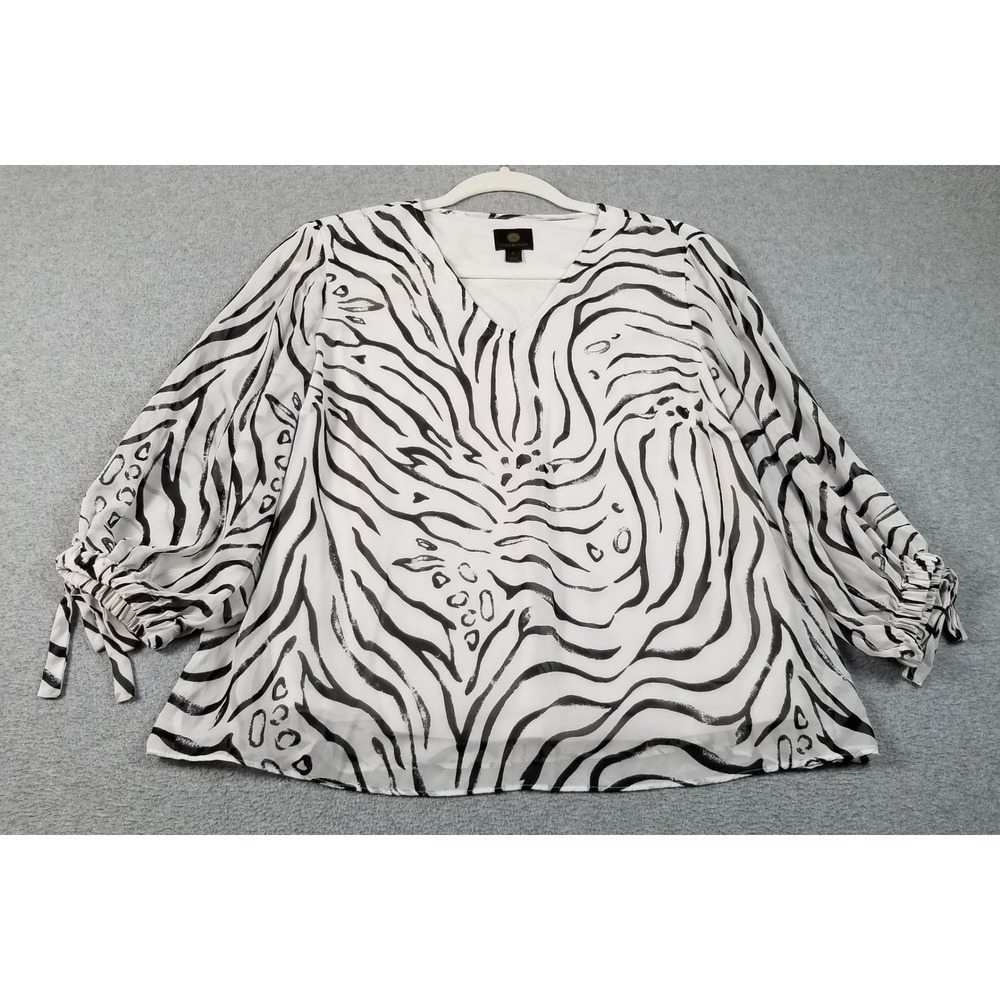 JM Collection Blouse Women's PL Petite Large White Black Zebra Print 3/4 Sleeves